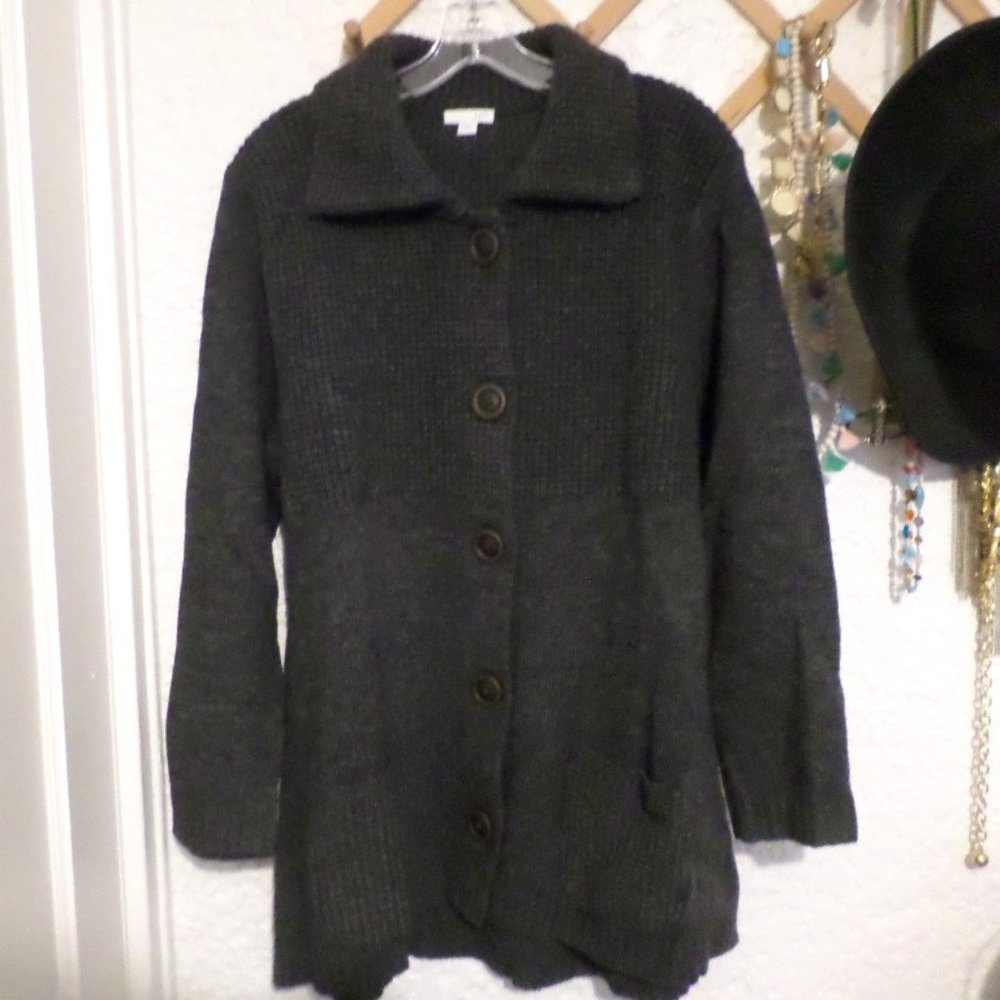 J. Jill Dark Gray Textured Knit Button Front Sweater Coat Sz L
